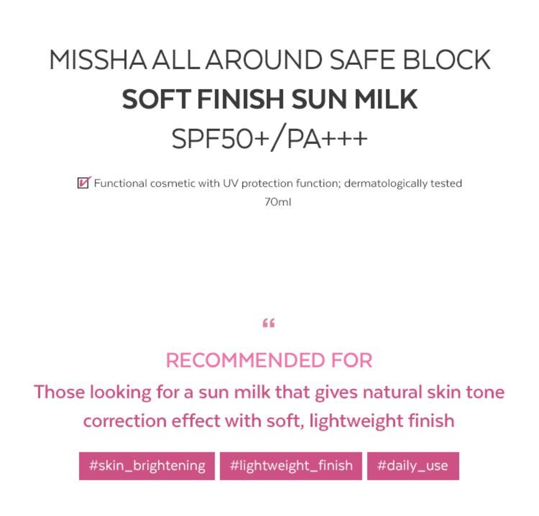 MISSHA - All-Around Safe Block Soft Finish Sun Milk SPF50+ PA+++ 70ml 4