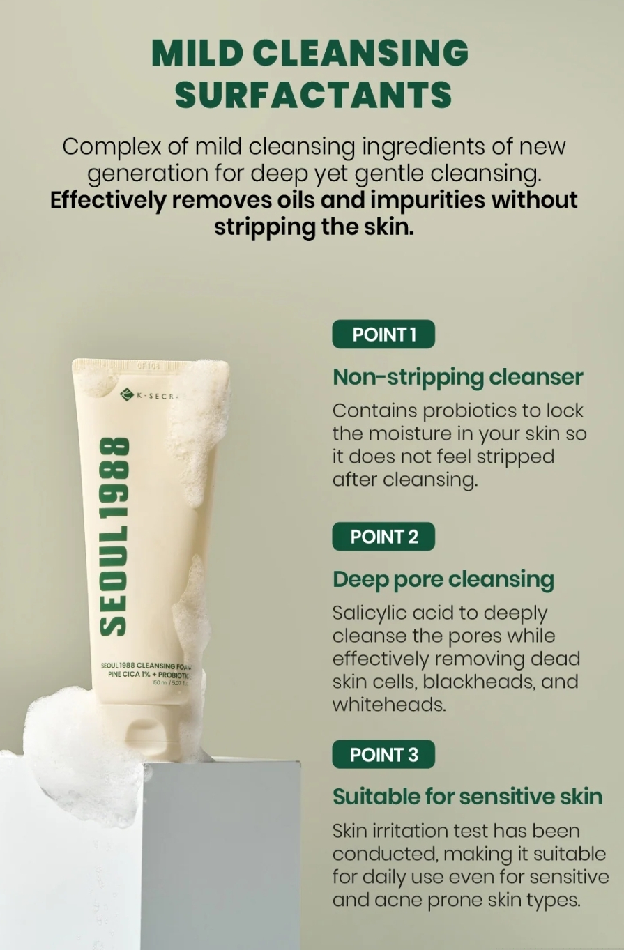 KSECRET - SEOUL 1988 Cleansing Foam : Pine Cica 1% + Probiotics 150ml 6