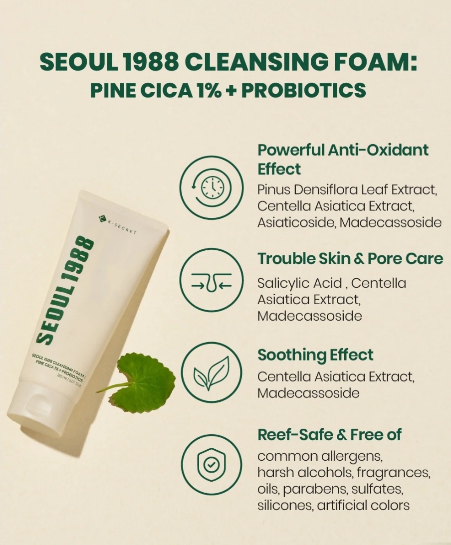 KSECRET - SEOUL 1988 Cleansing Foam : Pine Cica 1% + Probiotics 150ml 9