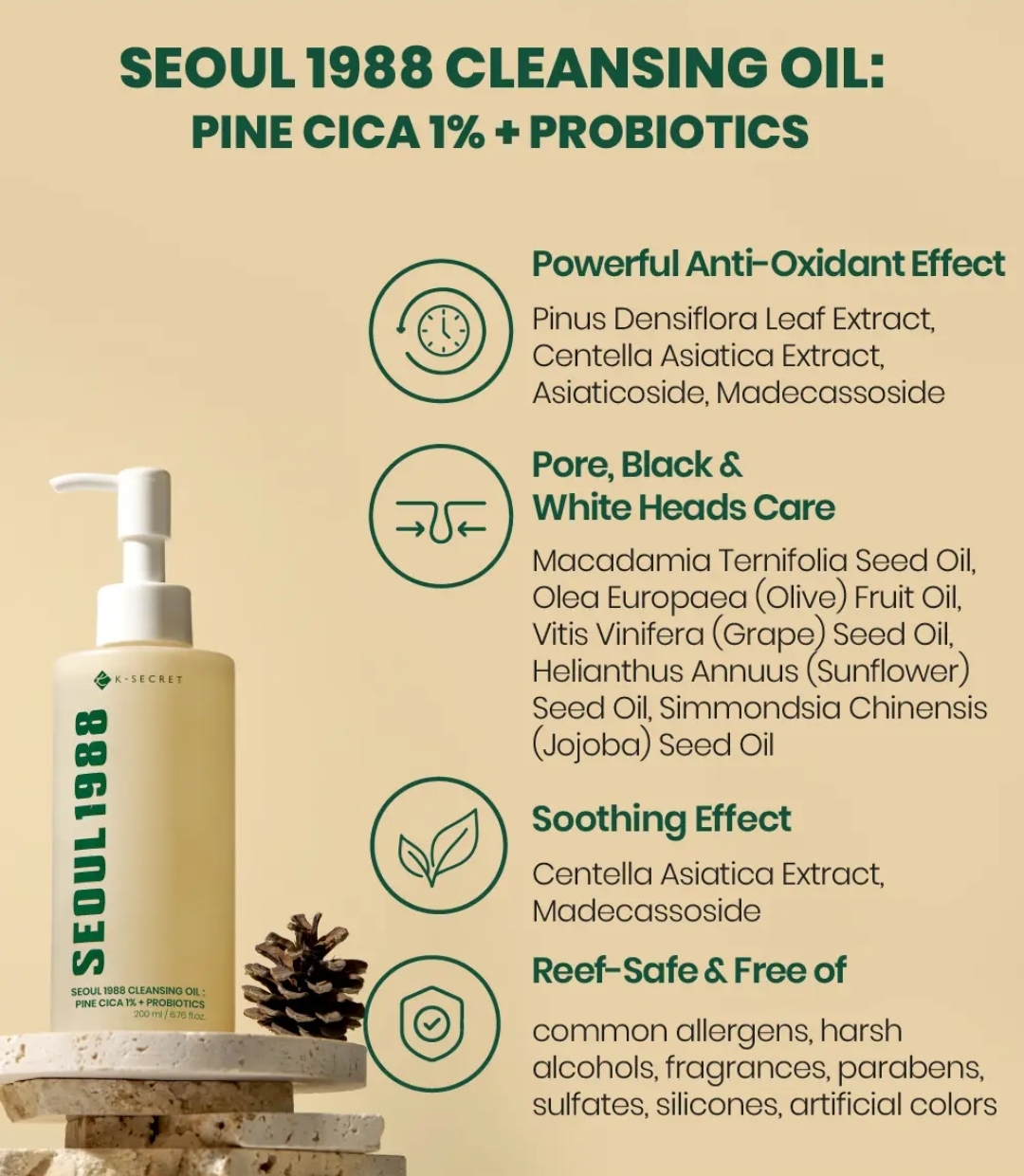 KSECRET - SEOUL 1988 Cleansing Oil : Pine Cica 1% + Probiotics 200ml 8