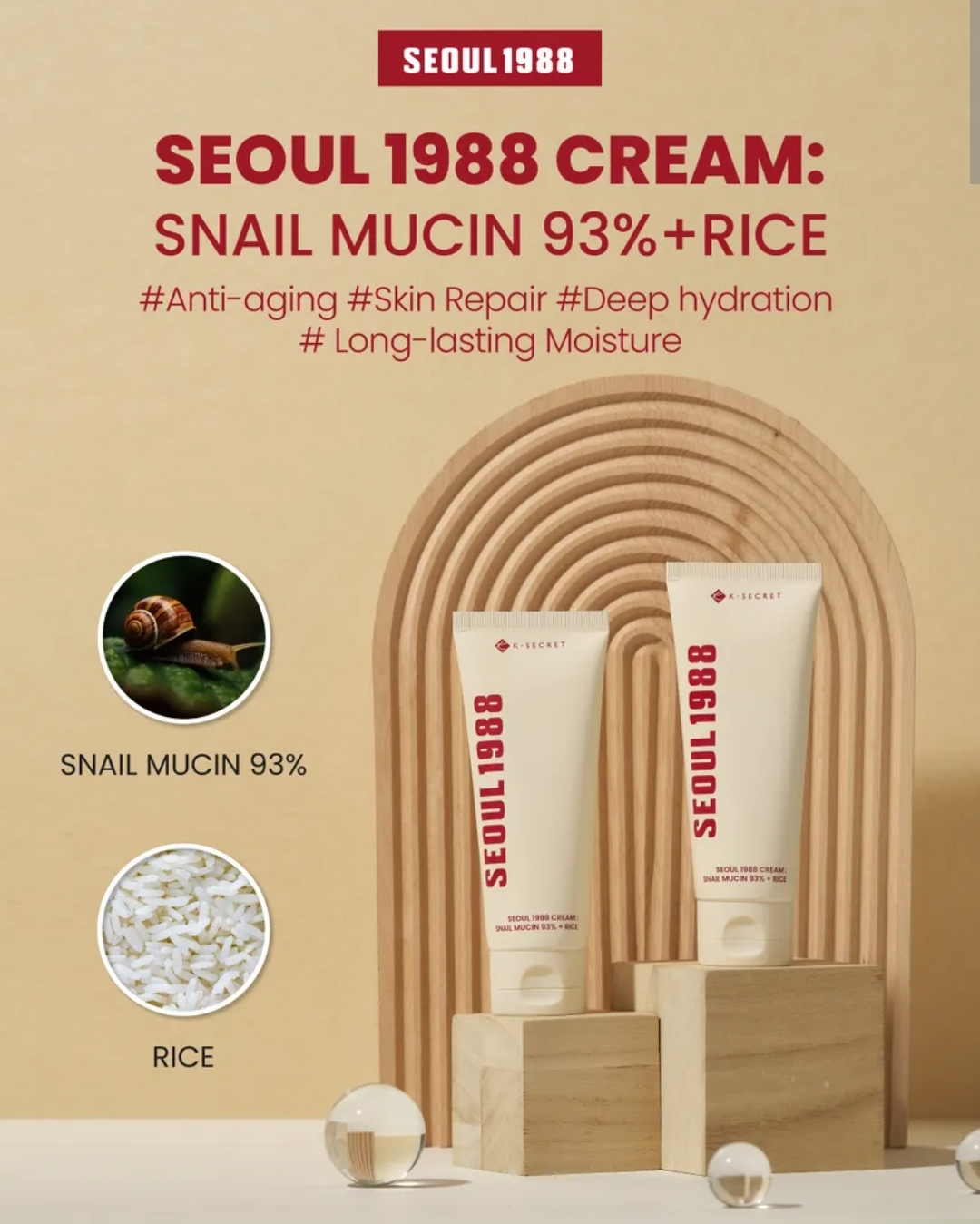 KSECRET - SEOUL 1988 Cream : Snail Mucin 93% + Rice 100ml  3