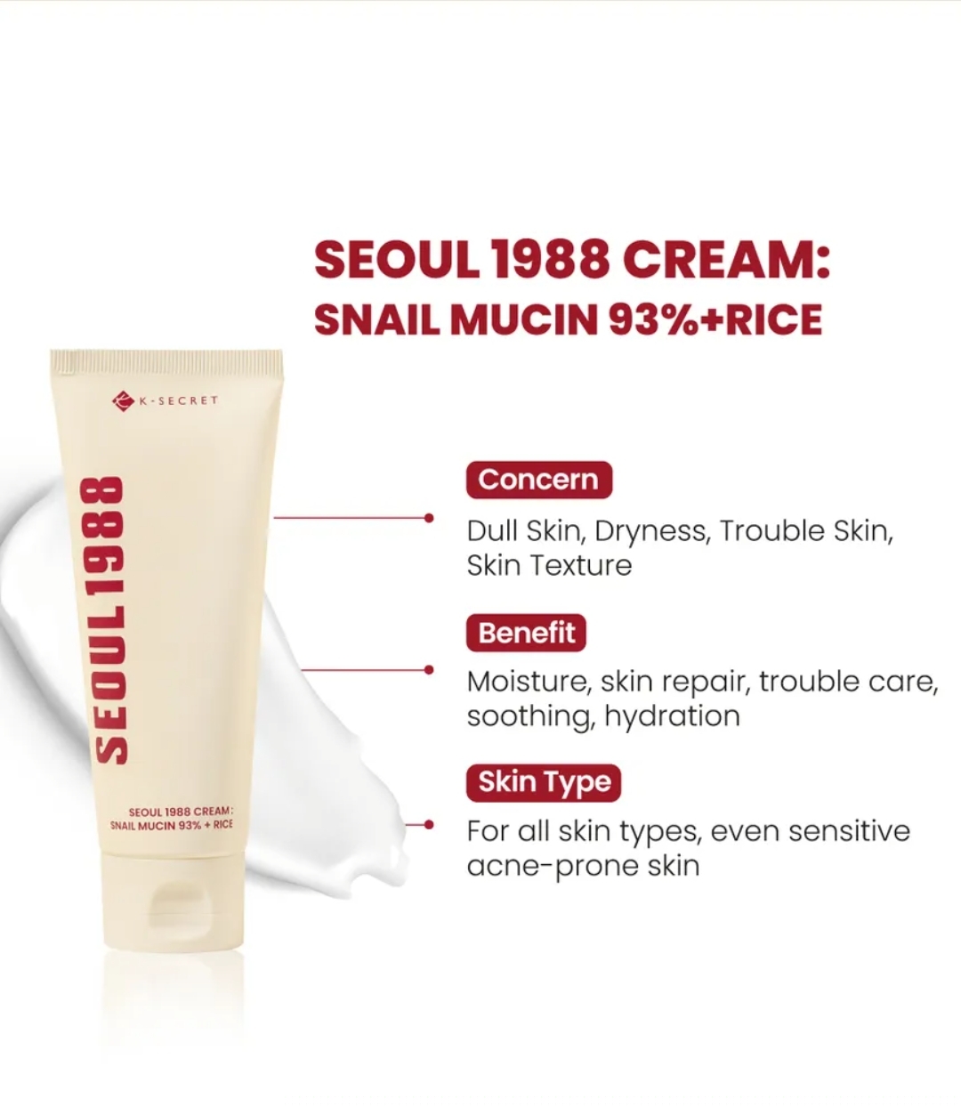KSECRET - SEOUL 1988 Cream : Snail Mucin 93% + Rice 100ml  4
