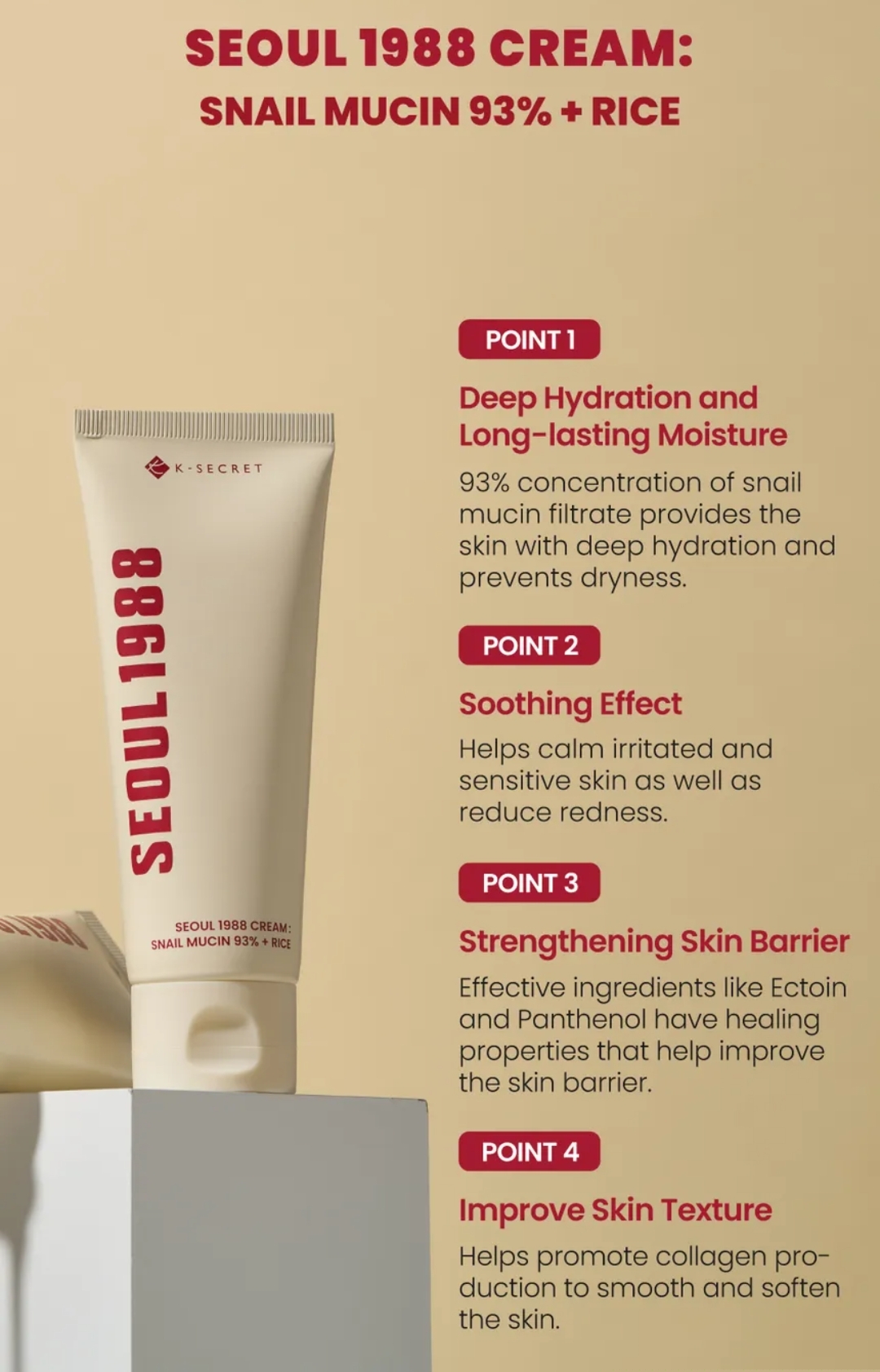 KSECRET - SEOUL 1988 Cream : Snail Mucin 93% + Rice 100ml  5